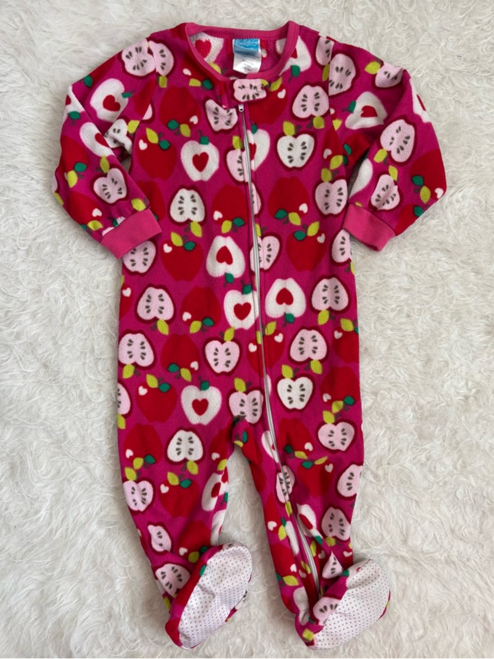 Girls' Y2K Cozy Fleece Pink Apple AOP Footed One Piece Pajamas